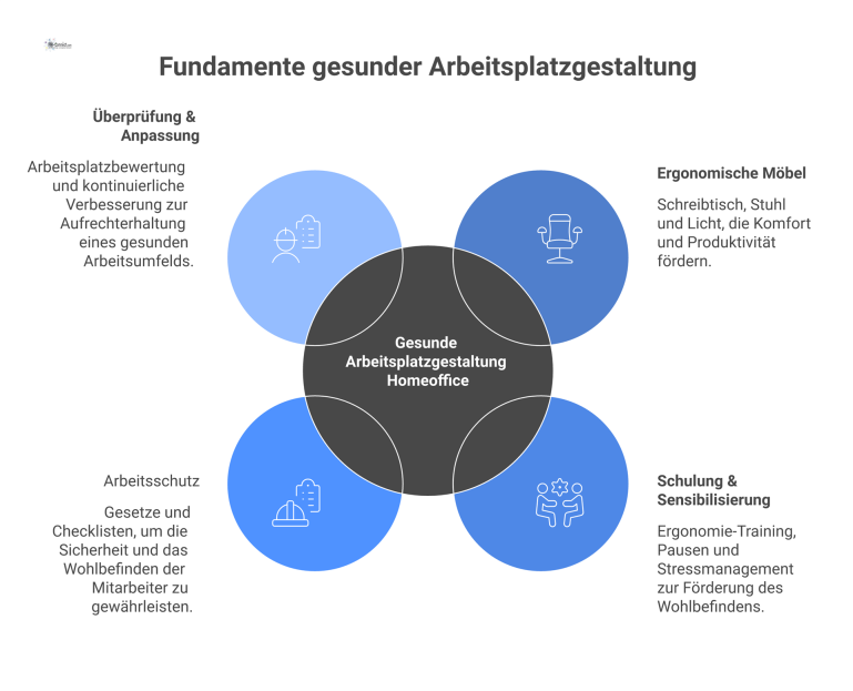Infografik über die vier Säulen für einen gesunden Arbeitsplatz im Homeoffice: Ergonomische Möbel, Schulung, Arbeitsschutz und Überprüfung.