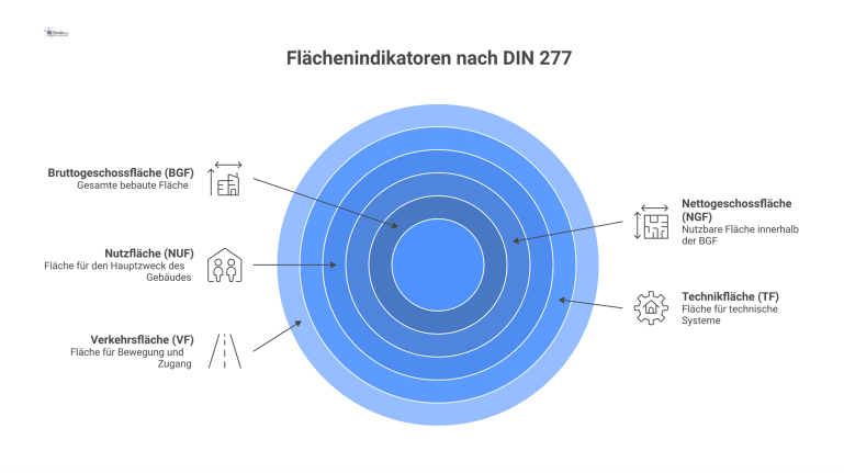 Hierarchisches Blockdiagramm der Flächenindikatoren nach DIN 277, das die Aufteilung der Bruttogeschossfläche in ihre untergeordneten Flächenkategorien zeigt. 