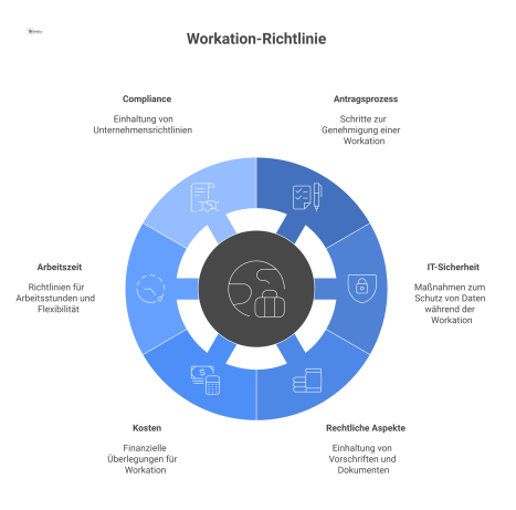 Infografik, die eine Workation-Richtlinie darstellt, mit der zentralen Vereinbarung und den dazugehörigen Schlüsselbereichen wie Antragsprozess, IT-Sicherheit und rechtliche Aspekte. 
