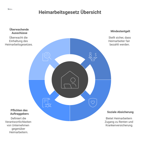 Diagramm zum Heimarbeitsgesetz mit dem zentralen Element „Heimarbeit“ und den vier Bereichen Mindestentgelt, Soziale Absicherung, Pflichten und Ausschüsse. 